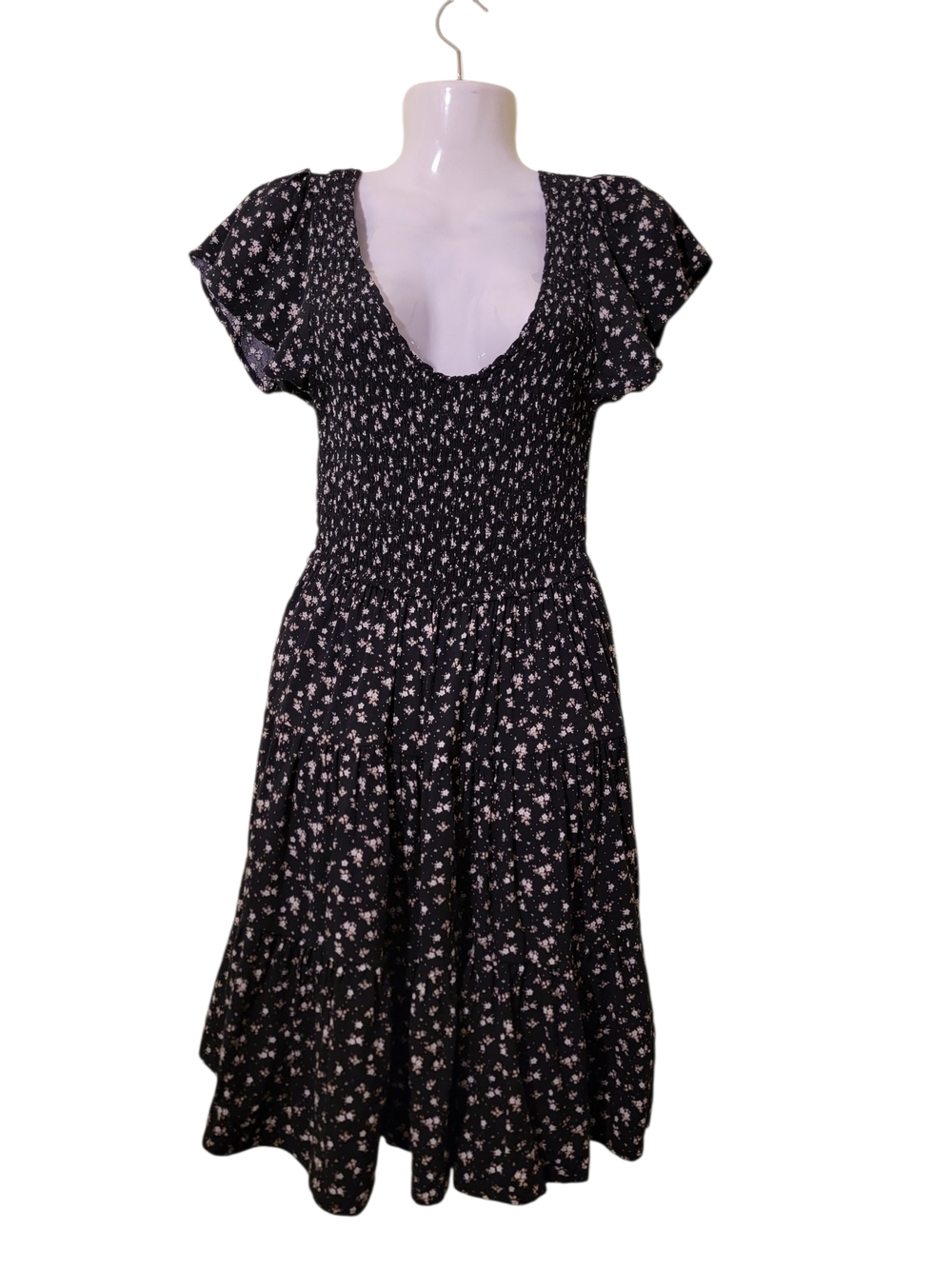 Black Floral Smocked Midi Dress